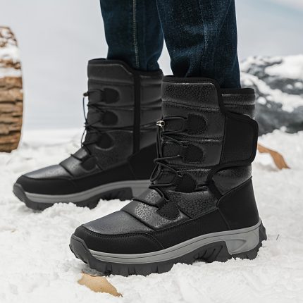 Men's Winter Snow Boots with Traction TPR Sole & PU Upper - Short Ankle-High, Buckle-Free Hook-and-Loop Closure, High Quality-like for Ice Skating, Skiing, - All-Terrain Outdoor Boots (Black)