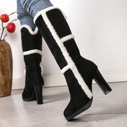 Women's Winter Snow Boots with Faux Collar & Plush - Chunky Block Heel, Thick TPR Sole, Round Toe Zipper Closure - Black & White Round-Toe High-Heeled Boots for Ice & Snow (Dry Clean Only)