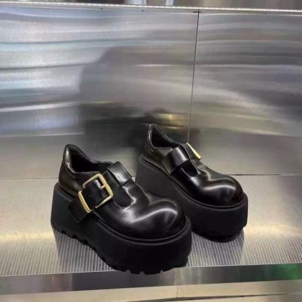 Women'S Chunky Platform Mary Jane Flats - Autumn 2025 Collection, British Style, Thick Rubber Sole, Round Toe, Low-Top Design with Golden Buckle Detail, All-Season Wear, Faux Cover Upper, Perfect for Casual or Office Shoes, Ladies Shoes