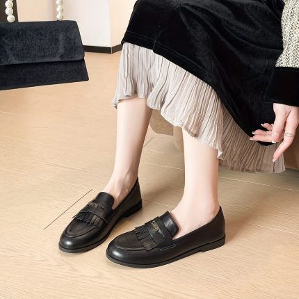 Women'S British Retro Loafers - Slip-On Round Toe Tassel-Adorned Moccasin Shoes with Arch Support, Soft Cushioned Insole & Non-Slip Rubber Sole - All-Season Comfortable, Versatile For Casual, Office, Office Footwear, Classic Design