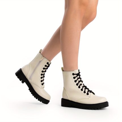 Women's PU Combat Boots with Side Zipper & Lace-Up Closure - Beige Round Toe Ankle Booties, Flat TPR Sole, -Style Footwear for Urban Streetwear, Casual & - Lightweight Durable Easy-Onu002FDoff