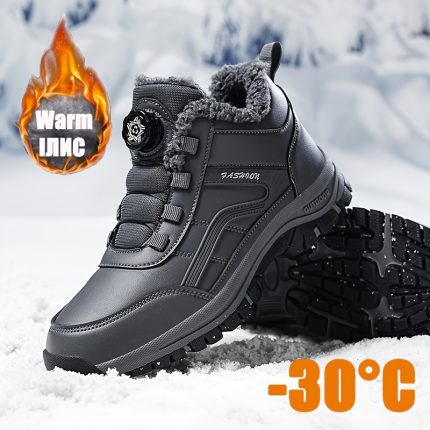 Large Size Warm Boots with Velvet for Middle-aged and Elderly Men, Winter Outdoor Snow Boots, No Laces Required, Rotating Buckle Design, Easy to Put On and Take Off and Clean, Suitable for Keeping Warm in Autumn and Winter