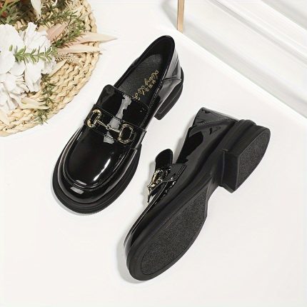 Women's Buckle Decor Chunky Low Heel Loafers, Fashion Preppy Style Dress Shoes, Comfortable Slip On Shoes