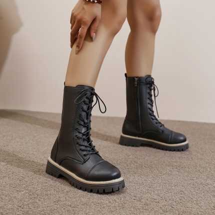 Eryixili Women's Plush-Lined Winter Boots - Thick-Sole Round-Toe Mid-Calf & Knee-High Faux (PU) Boots with Zipper Closure, All-Season Round Toe - Warm Ankle & Knee Boots for Casual,, Outdoor (Black) - Easy-Clean