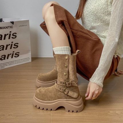 Women'S Chunky Platform Ankle Boots - Slip-Resistant Rubber Sole, All-Season Faux Cover-like Boots with Cushioned Insole - Brownu002FBlacku002F - for Everyday & Formal Outfits - Easy-Clean Shoes, Formal Footwear, Round Toe Design, Durable Construction, Office Wear, Stylish Footwear, Comfortable Lining, Fashion Women, Women'S Elegant Short Boot, Women'S Long Boots, Women'S Platform Bootie, Light Coffee Platform Boot, Open Angle Boots, Cowboy Boots Women, Winter Boots Women, Fall Boots Stylish