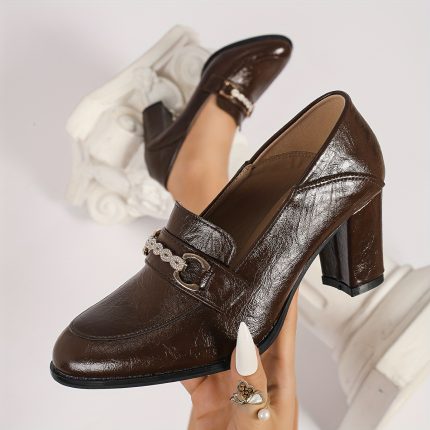 Women'S Elegant Loafers - Slip-On High Heel Dress Shoes with Sparkling Rhinestone Accent, All-Season Office & Formal Shoes, Cushioned Insole & Non-Slip TPU Sole, Synthetic Cover Upper For Professional & Casual Attire, Formal Footwear